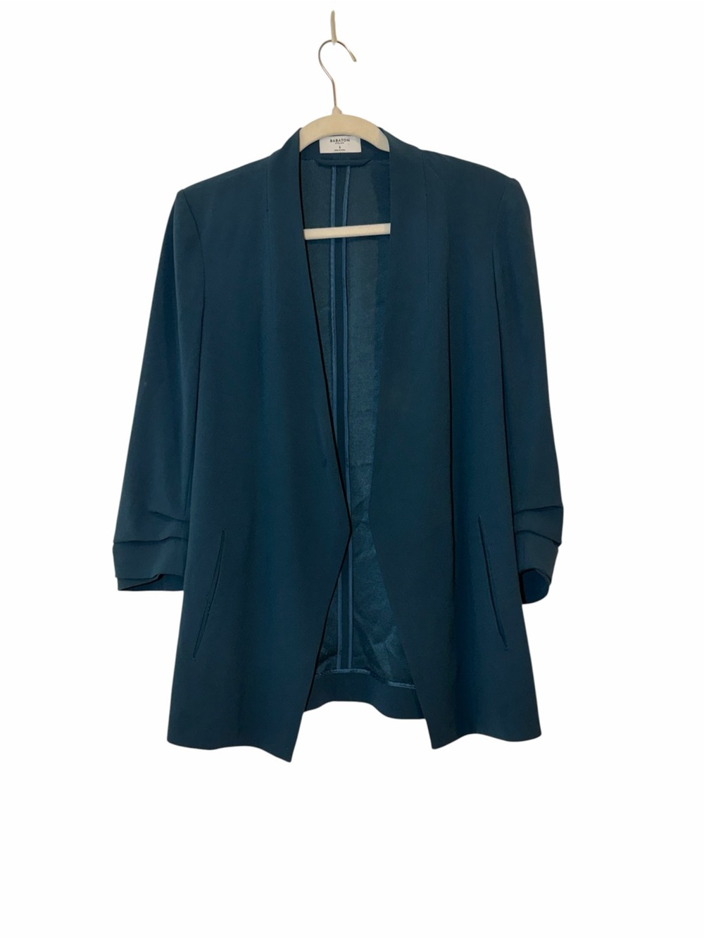 Aritzia Babaton Atelier Teal Power Hip Blazer Ruched Sleeve Size 6 Classic Chic